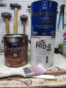 Sherwin-Williams Duration in "Sundew" and in Dover White. Kilz Pro-X primer. Don't paint without it.