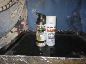 Rustoleum spray primer and metallic spray paint in "oil rubbed bronze"